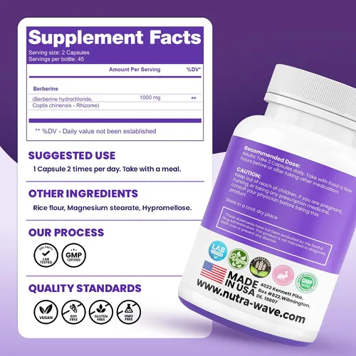 Vista 4 de Nutra Wave Suplemento Pure Berberine HCL 1000mg – Cápsulas de berberina de alta potencia – Apoya la salud digestiva e intestinal – Sin OMG, sin