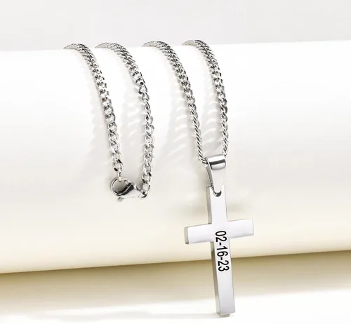 Vista 2 de XUANPAI Collar de cruz, collar con colgante de cruz grabable personalizado, joyería de Pascua, regalos de cumpleaños cristianos para hombres