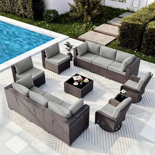 Vista 24 de Gotland Juego de muebles de patio de 6 piezas con 1 mesa auxiliar, 5 plazas de ratán seccional para exteriores con reposabrazos anchos de 29.5 Gris