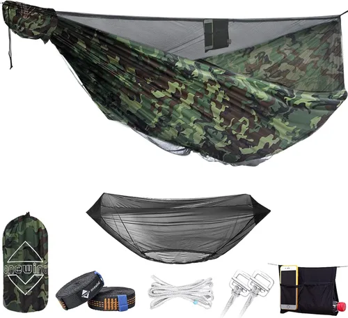 Vista 9 de OneWind Hamaca portátil para acampar de 11 pies con mosquitera, hamaca doble Ridgeline ajustable con correas de árbol de 2 x 12 pies, color marrón