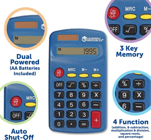 Vista 3 de Learning Resources Calculadora primaria - Calculadoras básicas solares y alimentadas por batería para estudiantes, enseñar operaciones básicas