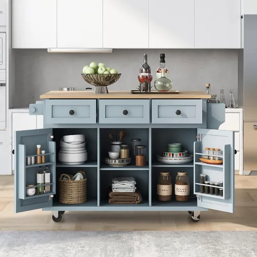 Vista 15 de Delicate Rolling Kitchen Island Cart with Rubber Wood Drop-Leaf Countertop and Lockable Rollers,Storage Cabinet and 2 Drawers,Sliding Barn Door