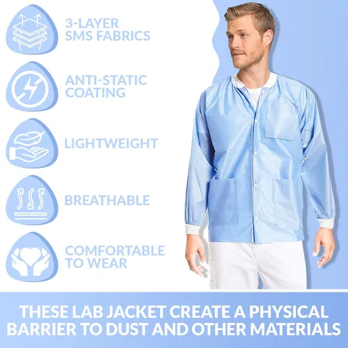 Vista 45 de Paquete de 10 chaquetas desechables de laboratorio, chaqueta médica reutilizable hasta la cadera, unisex, con puños de punto y bolsillos