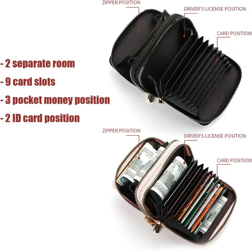 Vista 4 de ABAJI Funda para tarjetas de crédito para hombres y mujeres, 2 habitaciones con cremallera, piel sintética, 9 ranuras, 4 bolsillos, posición