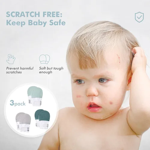 Vista 2 de HAPIU Manoplas para bebé que no se rayan, 100% algodón transpirable, guantes ajustables para niños y niñas, recién nacidos, 12 M