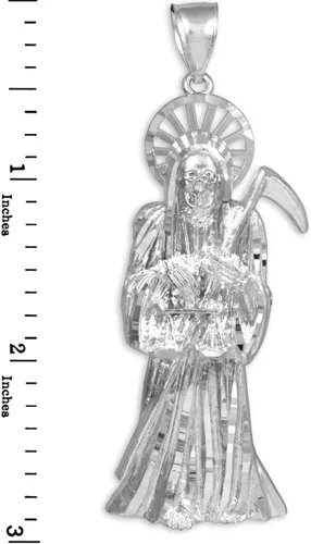 Vista 2 de Colgante de oro blanco de 10 k con dije de buena suerte Grande Santa Muerte, Oro blanco