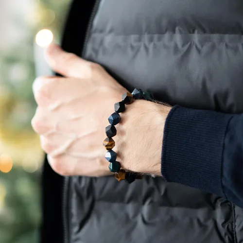 Vista 3 de AWNL Pulsera de cuentas multicolores para hombre, piedras naturales, ojo de tigre, ónix, amatista, plata, obsidiana (0.394 pulgadas), trenzada