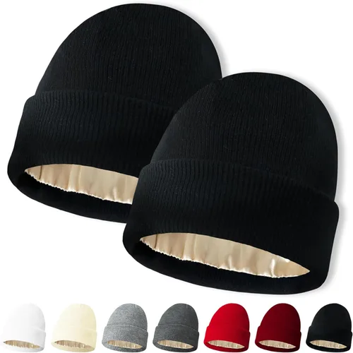 Vista 26 de NPQQUAN 2 PCS Satin Lined Beanie for Women Silk Lined Beanies Winter Warm Soft Lining Cuffed Knit Beanie Hats for Women