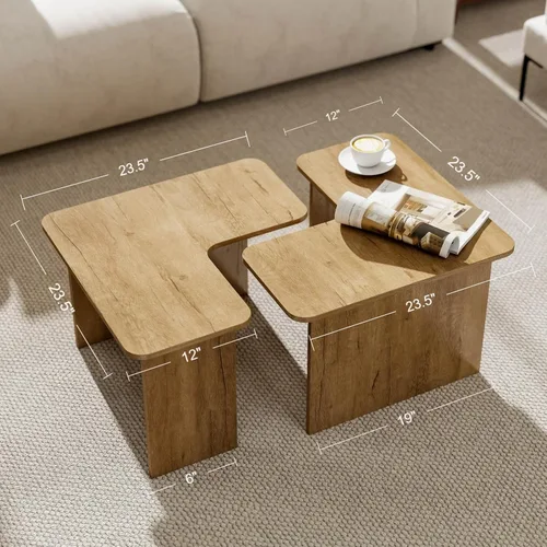 Vista 2 de Juego de 2 mesas de centro anidables modernas, de madera natural, en forma de L, para sala de estar, mesa auxiliar pequeña con mesa central ligera