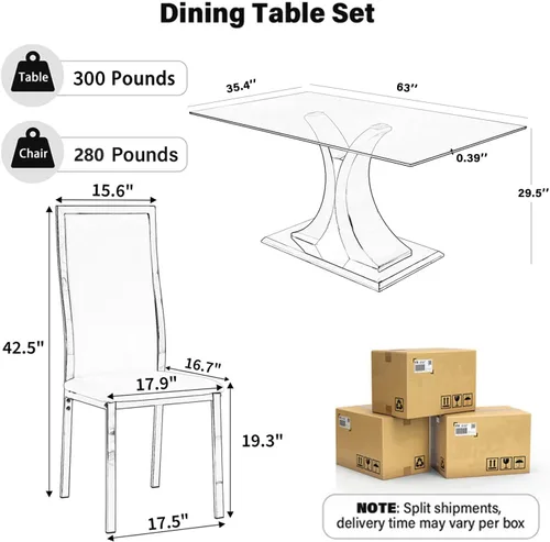 Vista 2 de Moderno juego de mesa de comedor rectangular de vidrio para 4, 63 pulgadas, mesa transparente de cocina de lujo con base negra y dorada, 4 sillas