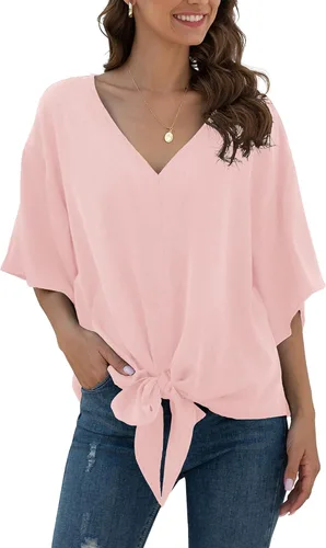 Vista 42 de VIISHOW Womens Tie Front Chiffon Blouses V Neck Batwing Short Sleeve Summer Tops Shirts Albaricoque
