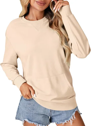 Vista 18 de OPOIPIN Suéter con bolsillo de manga larga y cuello redondo para mujer, estilo casual