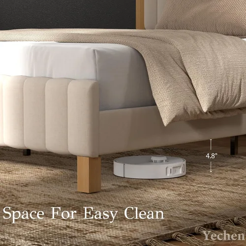 Vista 4 de Yechen Marco de cama de madera de tamaño matrimonial con cabecero, postes de madera maciza y plataforma de pies, no necesita somier, lino beige