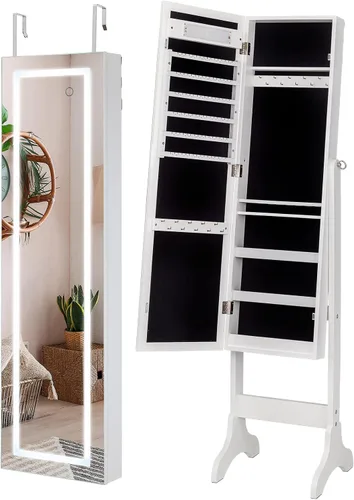 Vista 7 de YOKUKINA Organizador de joyas de espejo con luces armario de armario con almacenamiento de joyas espejo de cuerpo completo independientemontaje