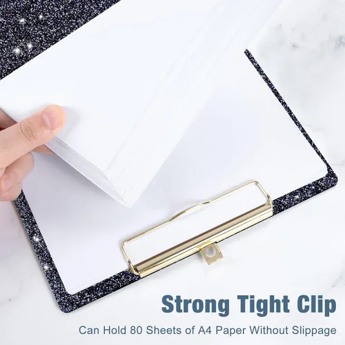 Vista 3 de Piasoenc Portapapeles de Acrílico, Tablero con Clip de Purpurina Elegante con Clip Dorado de Perfil Bajo, Diseñado para Uso en Aula, Escuela y Negro