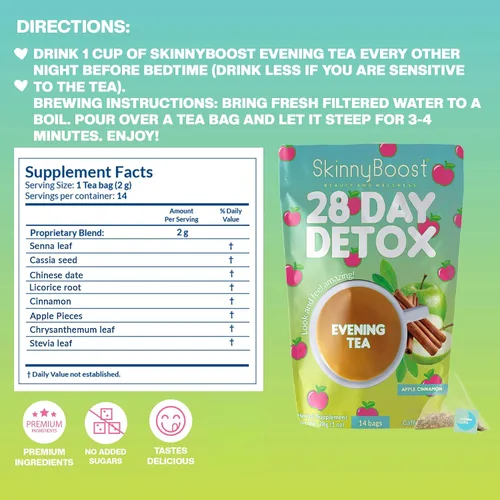Vista 6 de SkinnyBoost - Kit de té desintoxicante de 2 paquetes – 1 de día HIBISCO (28 bolsas) + 1 de noche MANZANA CANELA (14 bolsas) – Desintoxicación herbal