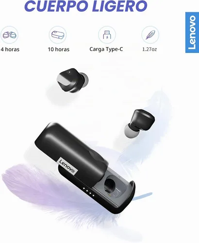 Vista 4 de Lenovo Auriculares inalámbricos Bluetooth 5.0 IPX5 impermeables con carga rápida USB-C y micrófono integrado para trabajo/viajes/gimnasio (negro)