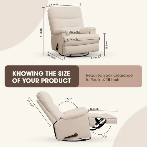 Vista 2 de Mecedora Divanus, grande, estilo balancín, reclinable, beige, giratoria, silla reclinable con respaldo alto, para cuarto de bebé o sala de estar