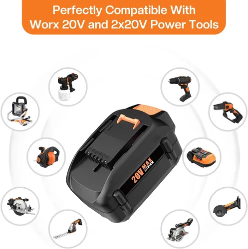 Vista 3 de Paquete de 2 baterías de repuesto de 20 V 6.5 Ah para batería Worx de 20 V WA3525 WA3520 WA3575 WA3578, con cargador de batería de 20 voltios