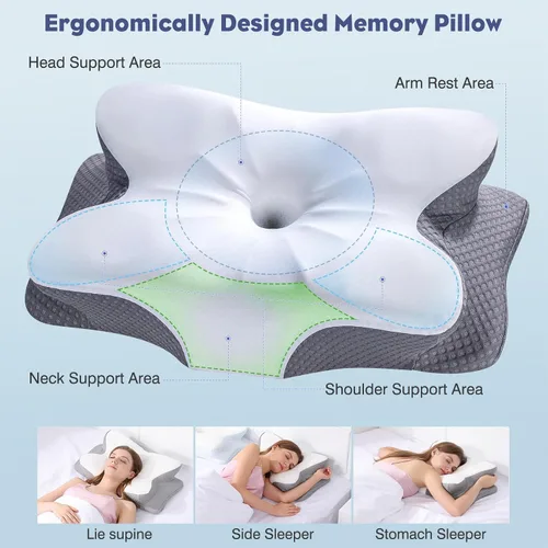 Vista 2 de Almohada cervical para el cuello, almohada de espuma viscoelástica para apoyo y alivio del dolor, almohada ergonómica de contorno para dormir