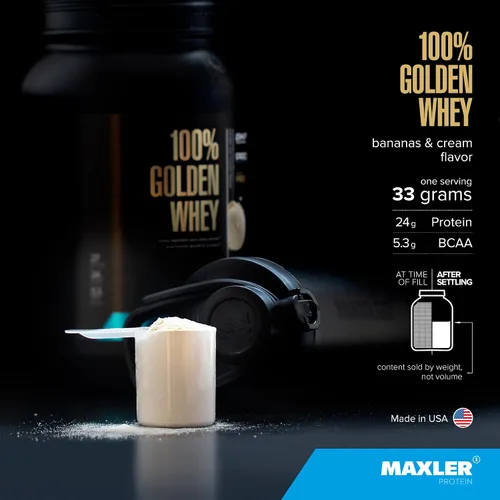 Vista 3 de Maxler Proteína de suero de leche 100% dorada, 0.94 onzas de proteína por porción, proteína de suero en polvo para antes del entrenamiento