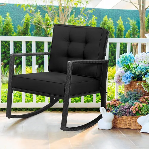Vista 2 de DORTALA Silla mecedora de ratán, 2 piezas, silla de mimbre para exteriores con marco de acero resistente, asiento de muebles de mimbre para patio