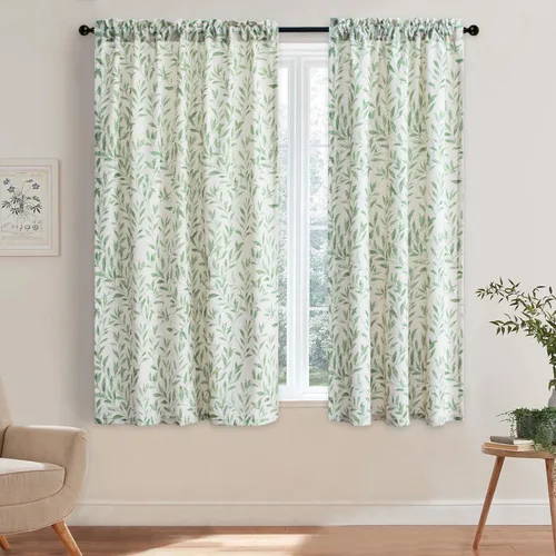 Vista 18 de VOGOL Cortinas con estampado de pájaros campestres, 30 x 24 pulgadas, 2 paneles, beige Linen Look Texture, Decorative Small Window Treatment