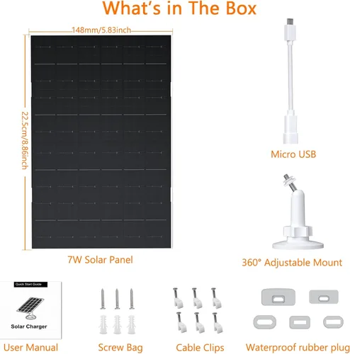 Vista 2 de Zivif Panel solar de 7 W para cámara Eufy, cargador solar compatible con EufyCam 2/2 Pro/2C/2C Pro/E20/E40/E, enchufe USB C y micro USB, impermeable