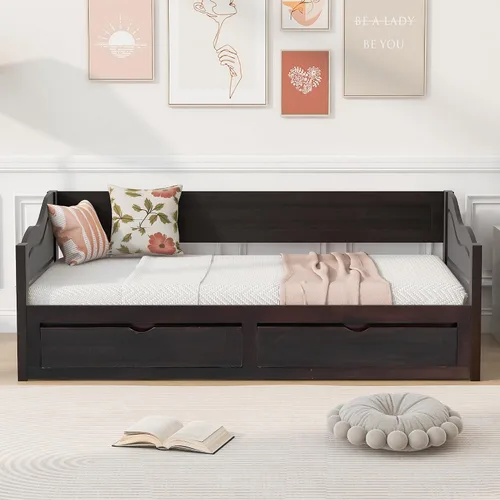 Vista 4 de Polibi Sofá cama extensible, sofá cama de madera con nido y dos cajones, sofá cama convertible con 2 cajones de almacenamiento, se puede ampliar