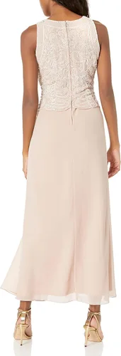 Vista 4 de J Kara Vestido largo con cuentas pequeñas sin mangas con ribete festoneado para mujer con bufanda