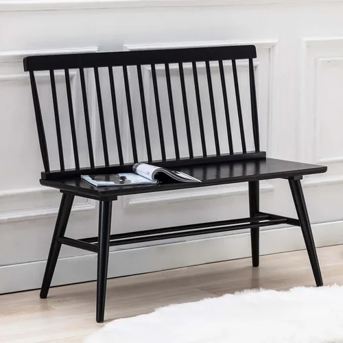 Vista 4 de DUHOME Banco de entrada, Banco de comedor negro con respaldo de espiral, Banco de madera de casa rural Windsor para vestíbulo, balcón, sala