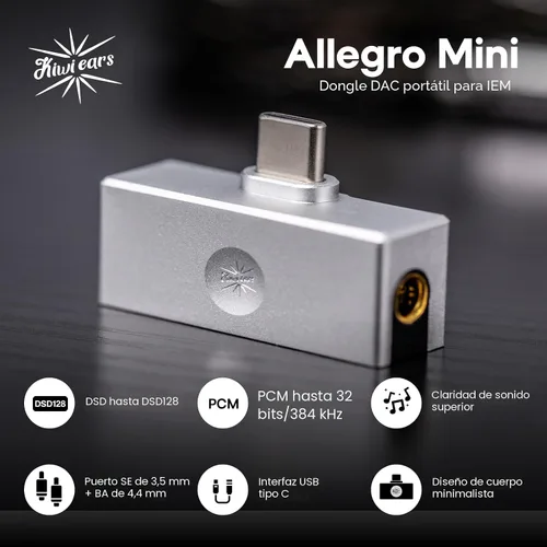Vista 3 de Linsoul Kiwi Ears Allegro Mini portátil IEM DAC, amplificador de monitor intrauditivo, salida USB C a 3.5/0.173 in, con chip personalizado, alta