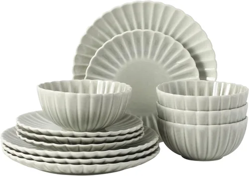 Vista 27 de Gibson Elite Peach Orchard - Juego de vajilla de porcelana de hueso de 12 piezas para 4, platos y cuencos estriados en relieve, apto