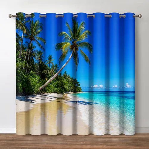 Vista 28 de Jekeno Cortinas opacas con palmeras oceánicas, playa, cielo, sol, decoración de paisaje marino para dormitorio, sala de estar, cortinas de ventana