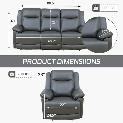 Vista 3 de Juego de sofá reclinable de 3 piezas, muebles de sala de estar, tapicería de cuero de aire, puertos de carga USB 2.0, tiras de luz LED, mesa