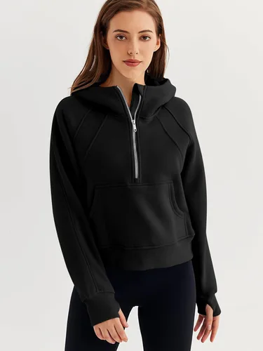 Vista 2 de WYNNQUE Sudadera corta con capucha para mujer, manga larga, forro polar, media cremallera, ropa de otoño