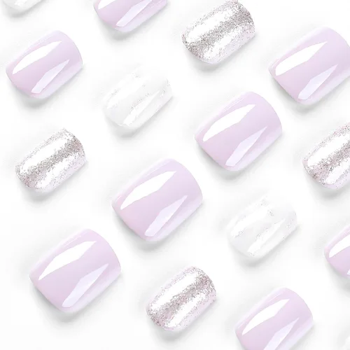 Vista 3 de Uñas postizas cuadradas cortas a presión, uñas postizas de color rosa, de cobertura completa, uñas postizas con purpurina plateada con diseños