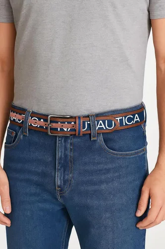 Vista 2 de Nautica Men's Signature Leather and Canvas Belt Ribbon Detail Flag Design Classic Casual Metal Buckle