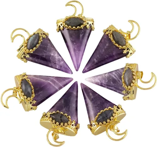 Vista 4 de TUMBEELLUWA Collar con colgante de piedra de cristal curativo natural para hombres y mujeres, collar cónico de reiki con piedra de labraorita ovalada