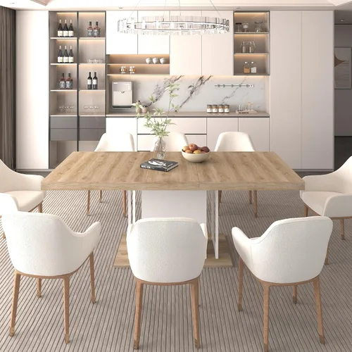 Vista 4 de Mesa de comedor extensible rectangular de 78.74 pulgadas para 6-10 personas, con base de pedestal blanca para cocina, comedor, sala de reuniones