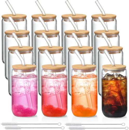 Vista 10 de NETANY Paquete de 1 Vasos de Vidrio con Tapas y Pajitas de Bambú de 16 onzas, Regalos para Mujeres, Juego de Vasos para Beber, Café Helado, Taza