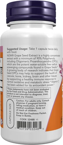 Vista 3 de NOW Suplementos, Semilla de Uva 100 mg - Extracto estandarizado, extracto altamente concentrado con un mínimo de 90% de polifenoles, con vitamina C