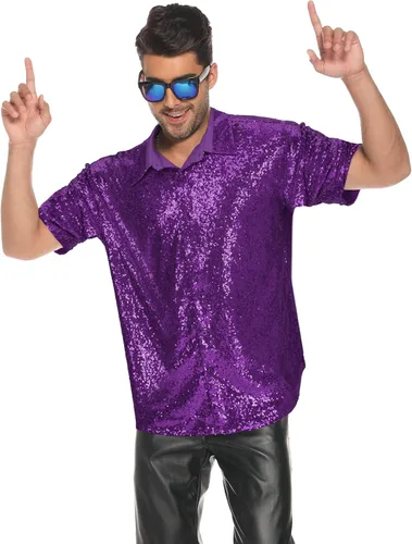 Vista 2 de LecGee Camisa de fiesta de lentejuelas para hombre de manga corta con botones brillantes y botones de los años 70 para fiesta club camisa brillante