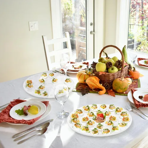 Vista 8 de Foraineam Bandeja de huevos de porcelana de 12.6 pulgadas, plato de huevo blanco con 25 compartimentos Dishwasher & Oven Safe, Easter Egg Holder