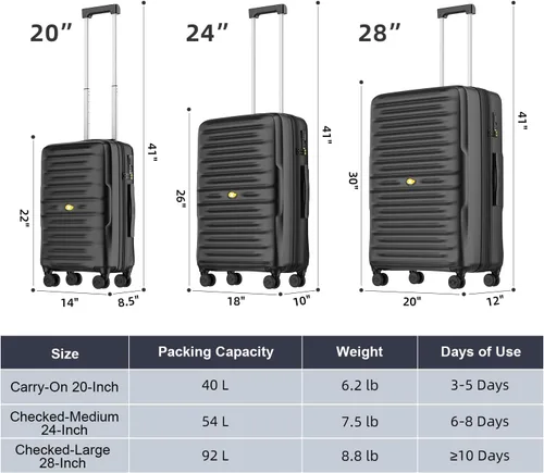 Vista 2 de MGOB Equipaje de mano Maleta rígida con ruedas giratorias y cerradura TSA, aprobada por aerolíneas para hombres y mujeres, Negro -, Lugggage