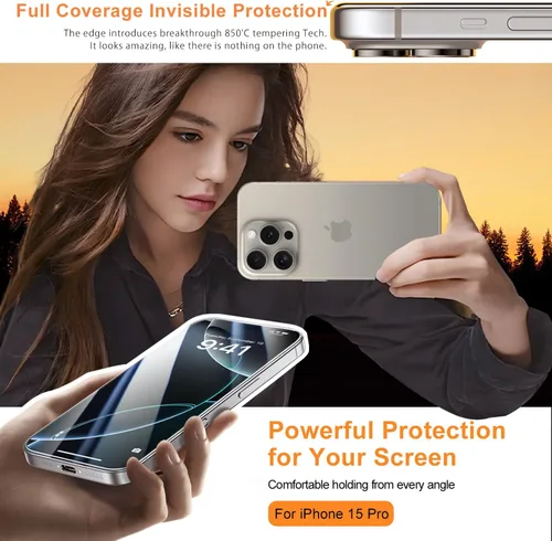 Vista 5 de Paquete de 2 protectores de pantalla para iPhone 15 Pro, dureza 9H, protector de pantalla de vidrio templado con kit de alineación automática