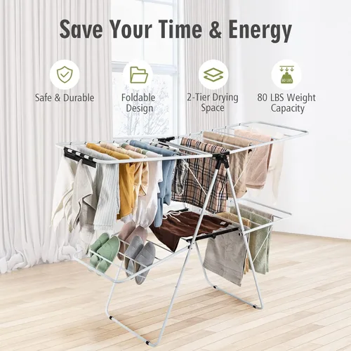 Vista 8 de Nightcore Estante de secado de ropa de 2 capas, estante de secado de aluminio con altura ajustable, no necesita montaje, estante compacto plegable