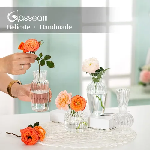 Vista 5 de Juego de jarrones de botones de vidrio transparente moderno: Glasseam 4 piezas de jarrones pequeños de flores para centros de mesa hechos a mano