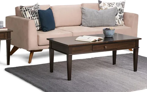 Vista 3 de SIMPLIHOME Carlton Mesa de café – Mesa de cóctel de transición de madera maciza de 44 pulgadas de ancho en marrón tabaco oscuro, mesa clásica