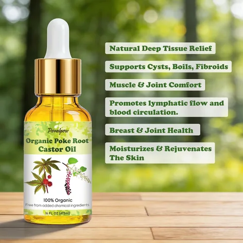 Vista 2 de Aceite orgánico de raíz de poke y ricino – Fragancia de menta – Apoya quistes, forúnculos, fibromas, ganglios linfáticos inflamados y salud